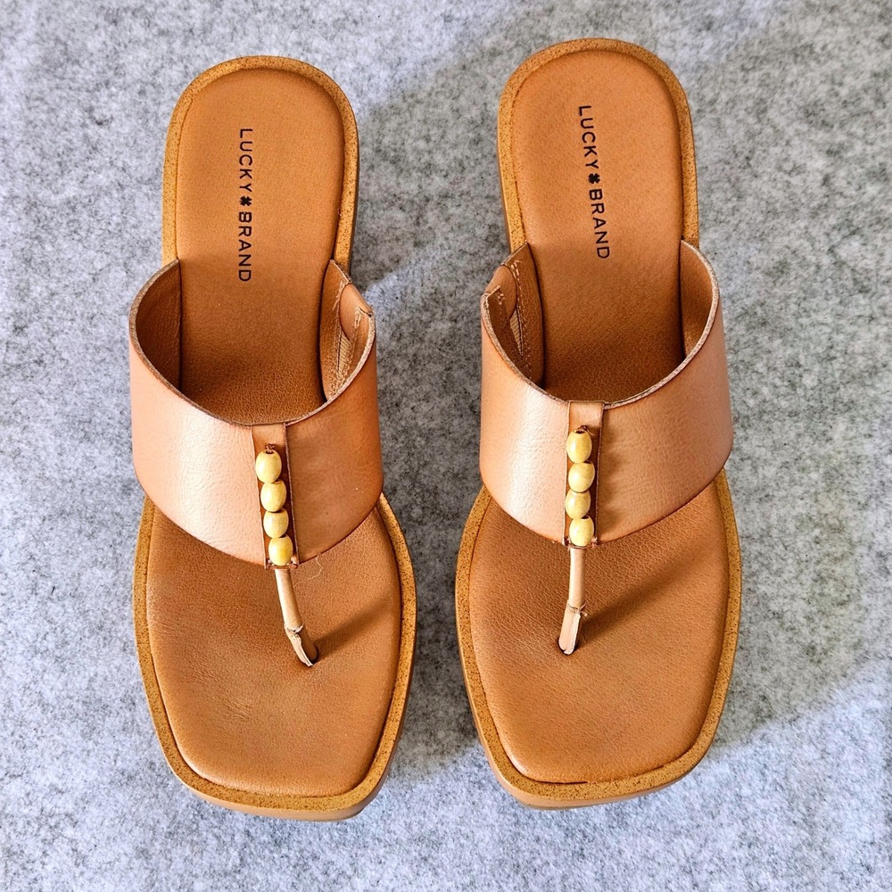 Lucky Brand Womens Tan Leather Beaded Thong Platform Block Heel Sandals Size 9M - Picture 7 of 10